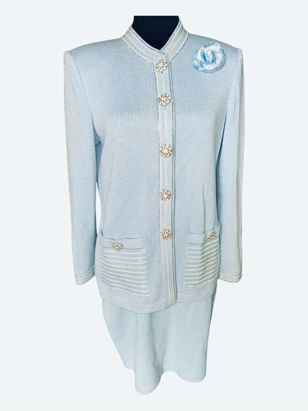 Vintage St. John Evening Women’s 2 Blue Santana Knit Skirt Suit Crystal Buttons